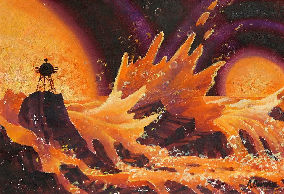 HumanoidHistory's tweet photo. Amber waves upon an alien ocean in a world with two suns, imagined in #space art by Andrei Sokolov, published 1972. https://t.co/pdBo4dJbIg