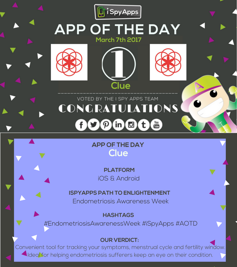 iSpyAppsGames's tweet photo. Since it's #EndometriosisAwarenessWeek, @clue is an obvious choice for #AppOfTheDay - an easy way to understand and track your cycles! https://t.co/uvtNmdbgiS