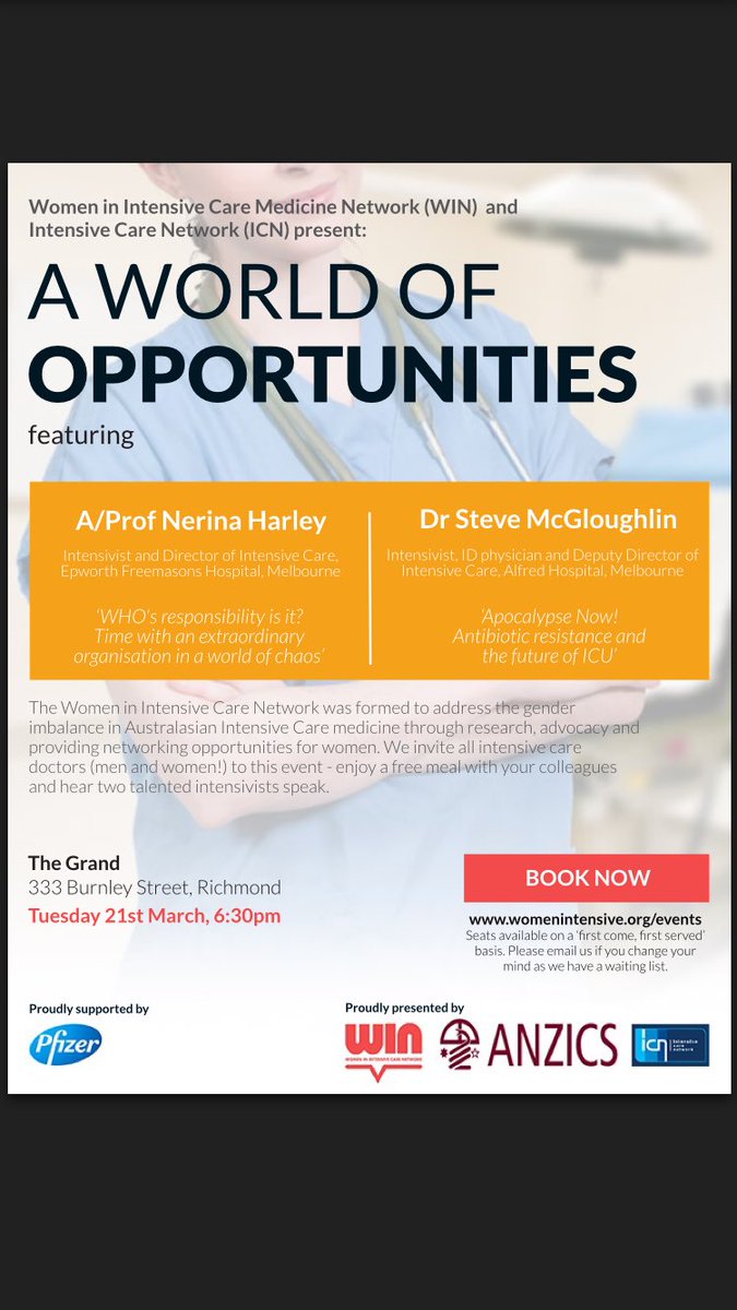 womenintensive's tweet photo. Come to our WIN @ICN_Victoria dinner feat Nerina Harley &amp; @intensiveblog Steve McG! Tue 21 Mar, Melbourne @anzics https://t.co/9AbuA2TP4C https://t.co/6kkvl1ScUv