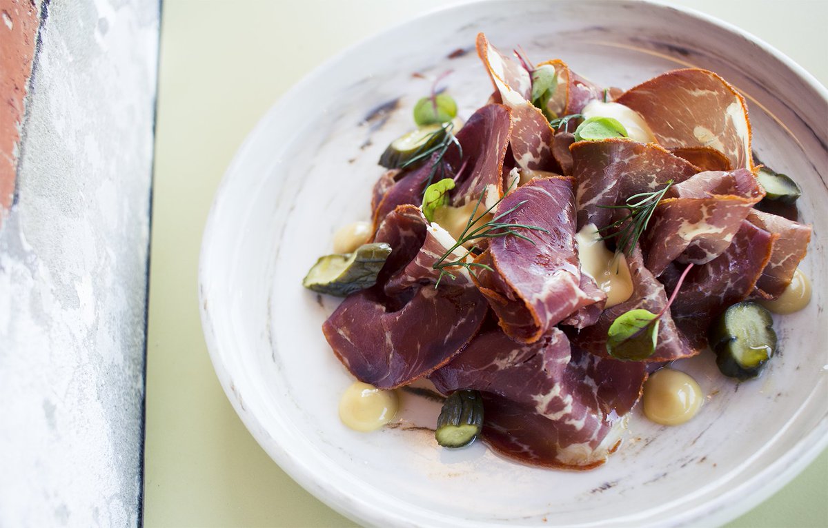 Pastourma with miso skordalia and pickles - the light bite that'll hit the spot. #curedmeats #greekfood #greekcuisine #pickles