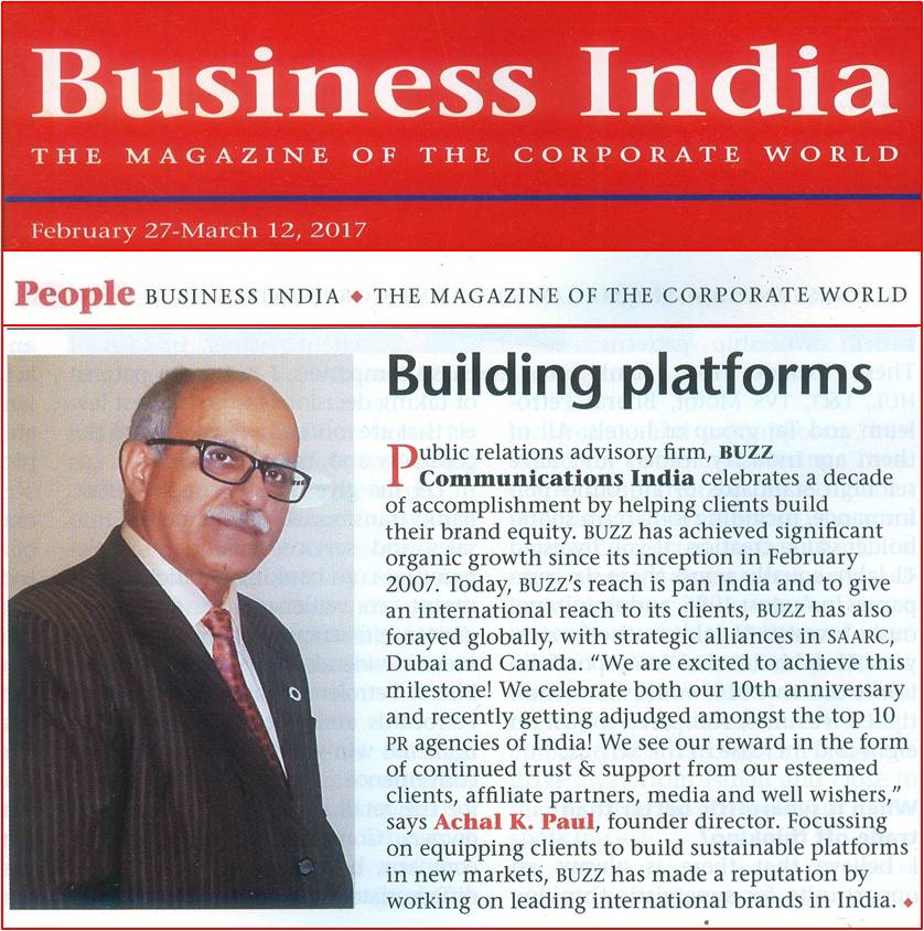 AchalPaul's tweet photo. Coveted Corporate World Mag #BUSINESSINDIA Mar'17 has acknowledged #BUZZCommunications in #PublicRelations. GRATITUDE n Congrats #BUZZTeam https://t.co/6xRS11Ssvg