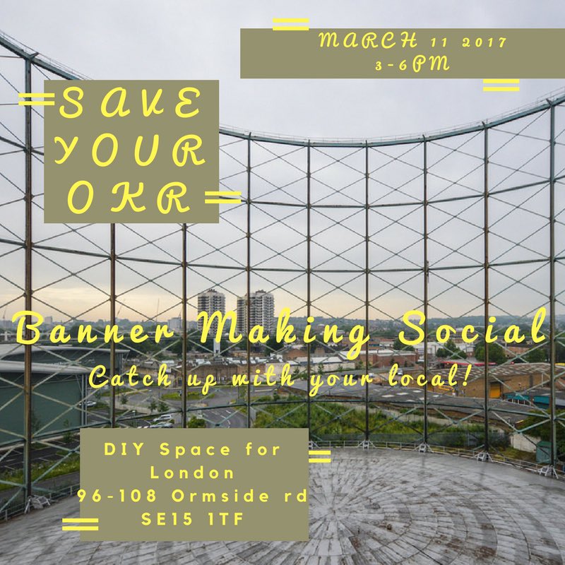 RASELhashtags's tweet photo. Sat 11th March 3pm @SaveOldKentRoad banner making social at @diyspace4london to resist the Old Kent Rd plans. Meet, chat, organise! https://t.co/QSqdZyK89c