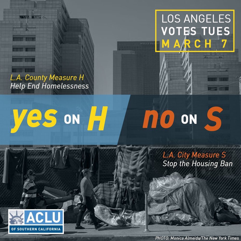 ACLU_SoCal's tweet photo. Sleep 😴 is a basic, vital need... and so is a roof 🏡 over one's head. Remember #LAvotes tomorrow #YesOnH and #NoOnS. Gnight. 🌙 https://t.co/cilH3Y3Zci