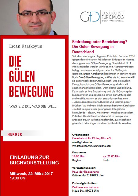 GfD_Ulm's tweet photo. Buchvorstellung und Lesung von Ercan Karakoyun 
"Die Gülen-Bewegung - Was sie ist, was sie will" https://t.co/QfRvzg8Eb9