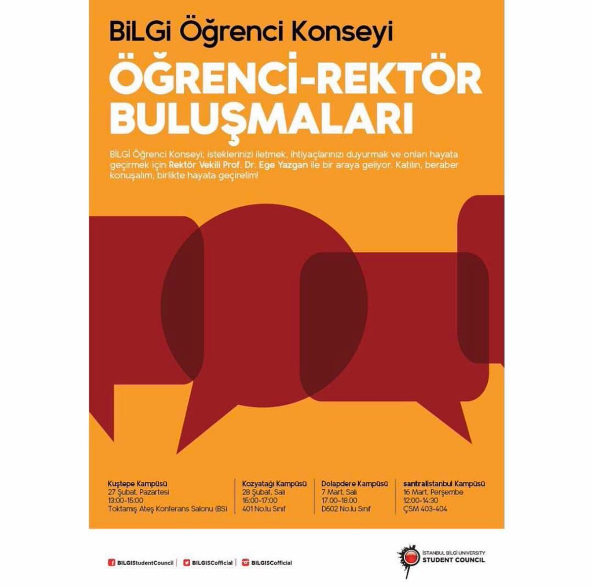 7 MART SALI (BUGÜN) SAAT 17:00'de DOLAPDERE KAMPÜSÜ D602 NUMARALI SINIFTA GERÇEKLEŞECEK ÖĞRENCİ-REKTÖR BULUŞMASI'NA HEPİNİZİ BEKLİYORUZ.
