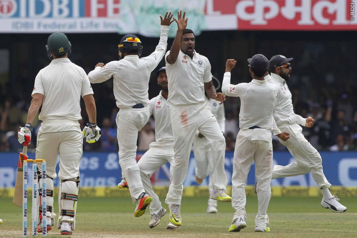 BCCI's tweet photo. High fives all around. India win the 2nd @Paytm Test by 75 runs. Level the 4-match Test series 1-1 #INDvAUS https://t.co/XDEmS7L8fN