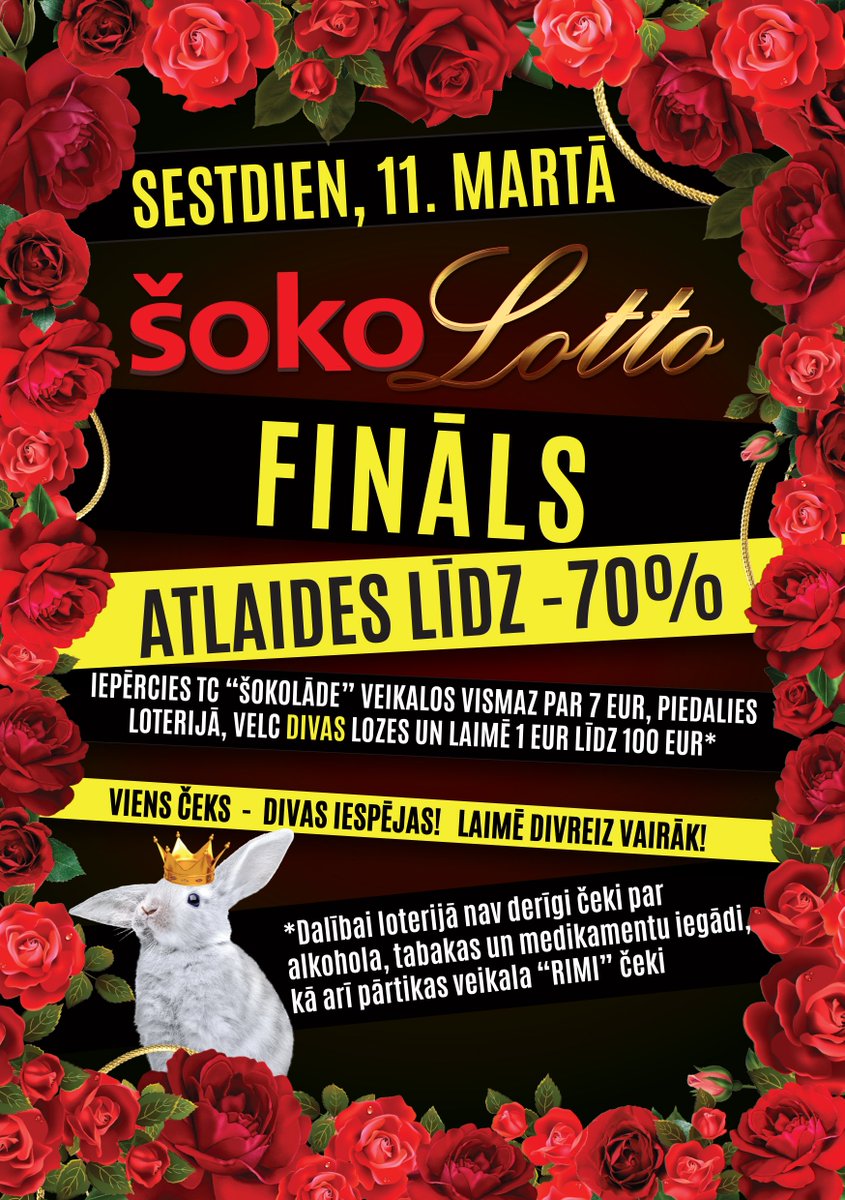 SOKOLADEcentrs's tweet photo. Sestdien, 11. martā, Šokolotto fināls!
- Fināla izpārdošana - atlaides veikalos līdz 70%!
- Piedalies loterijā - viens čeks - divas lozes! https://t.co/vPFNkU5zHu