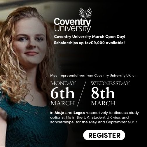 PromoHubNG's tweet photo. @covcampus Coventry Uni Open Day Is Today. Attend If You Want To Study Abroad &amp; Get Up To £9,000 Scholarships. More: https://t.co/WZXZwGjALE https://t.co/C4v6vyG9IA