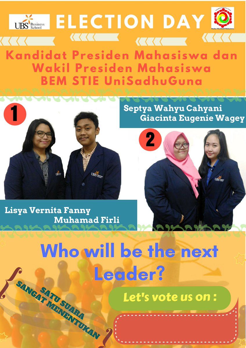 BEM KM UBS (@bemubs) on Twitter photo Ayo kita sukseskan Pemilihan Umum Mahasiswa Raya. Mencari Presma dan Wapresma untuk KM STIE UniSadhuGuna yg lebih baik. Cc: <a href="/UBSRegular/">UBS Business School</a> Ayo kita sukseskan Pemilihan Umum Mahasiswa Raya. Mencari Presma dan Wapresma untuk KM STIE UniSadhuGuna yg lebih baik. Cc: <a href="/UBSRegular/">UBS Business School</a>