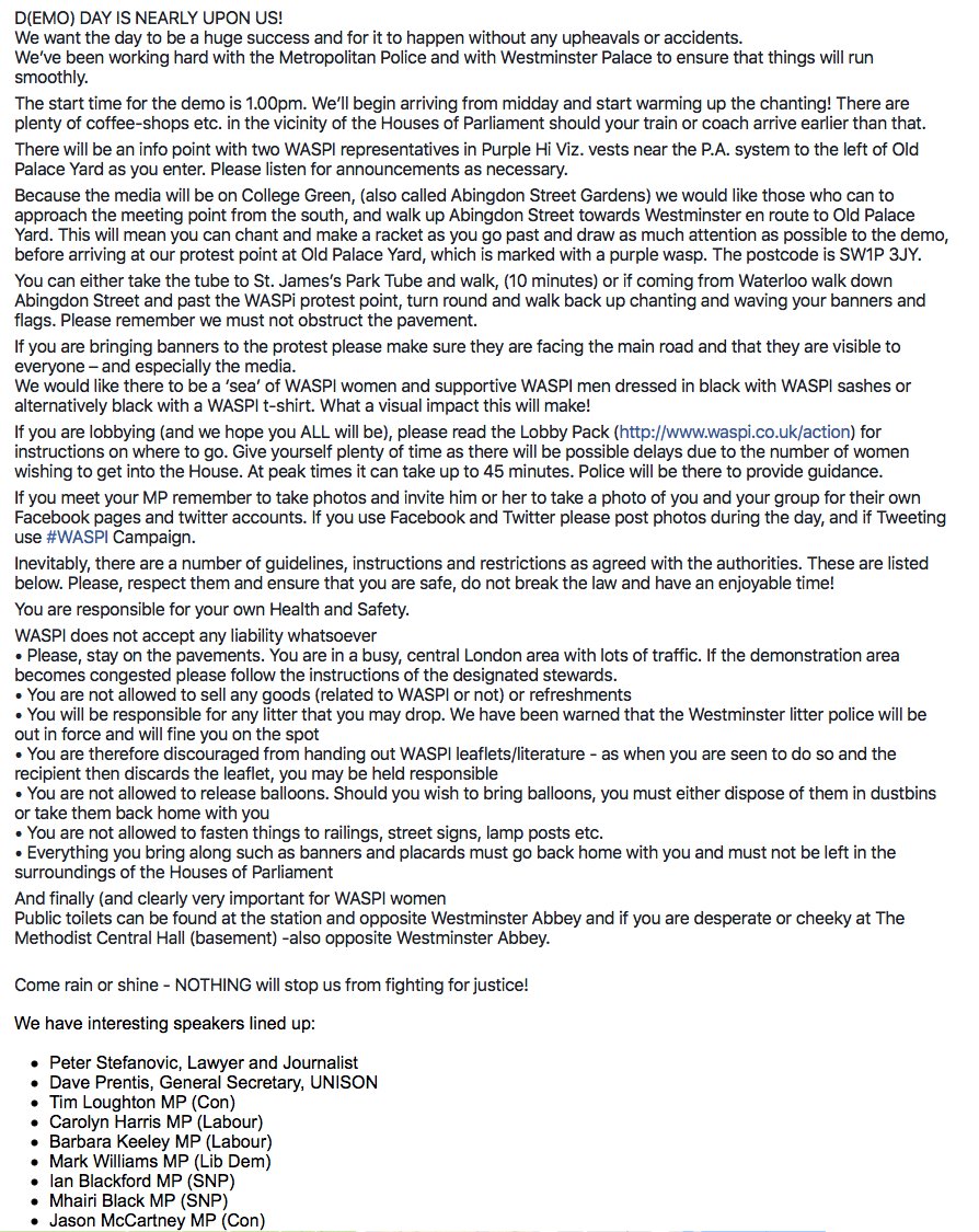 WASPI_Campaign's tweet image. UPDATE:
Final details for tomorrow's Official #WASPI Campaign demo at Westminster.
Please retweet.