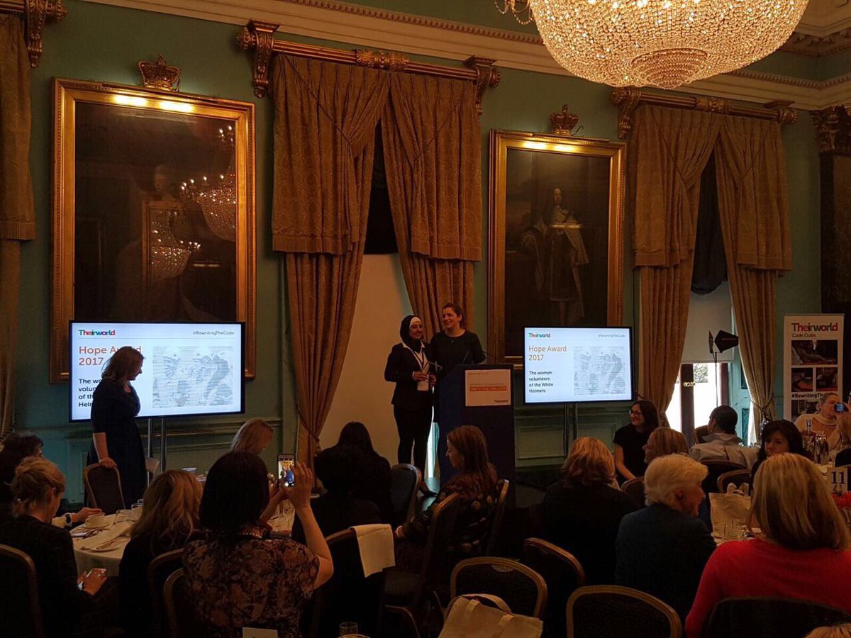 So proud of our women in <a href="/SyriaCivilDef/">The White Helmets</a> awarded 2017 Hope Award. Women can do anything, including rescue. #RewritingTheCode