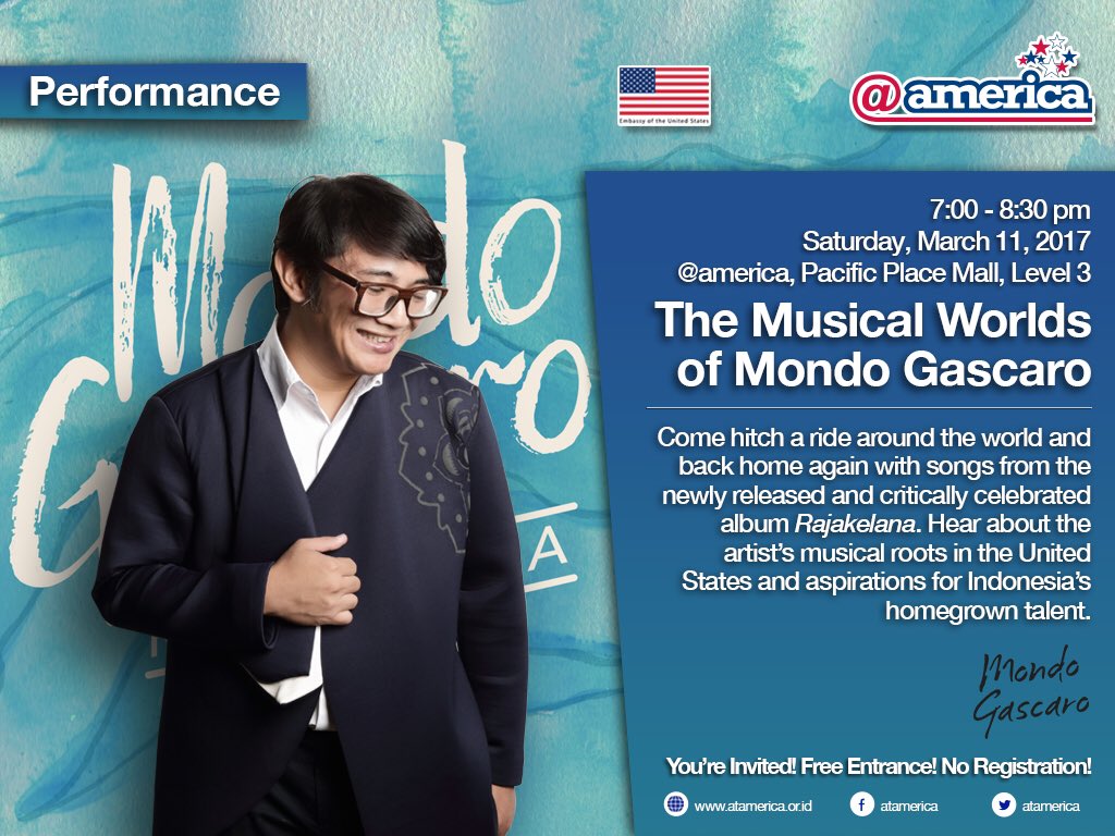 <a href="/mondogascaro/">Mondo Gascaro</a> will have a special performance at <a href="/atamerica/">@america</a> on Sat, 11 Mar 17, 19.00. Free entrance. <a href="/cantsaynotohope/">cantsaynotohope</a> <a href="/cakhend/">cakhend</a> <a href="/xJacKiexGC/">J.Jackie Wicaksono</a>