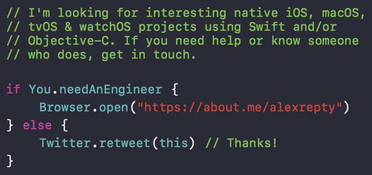 I’m looking for new projects on iOS, macOS etc.

Get in touch: about.me/alexrepty

#Freelance #iOS #macOS #Swift #ObjectiveC