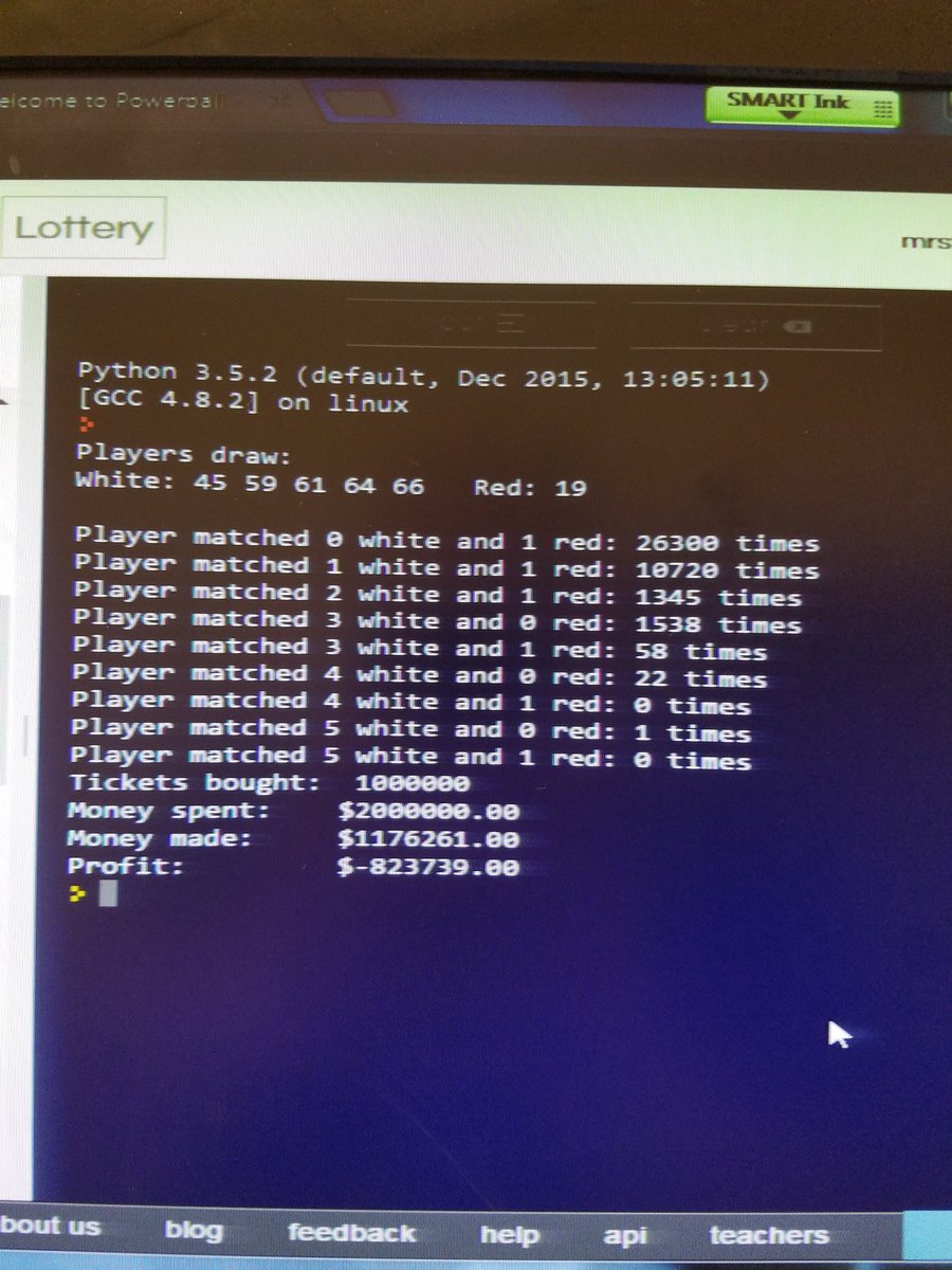 SirK31's tweet photo. Thanks to @replit for helping me show my class how the lottery works! Took OVER 1 million plays, but I hit the million dollars. Still lost $ https://t.co/JnsyzmOaGp