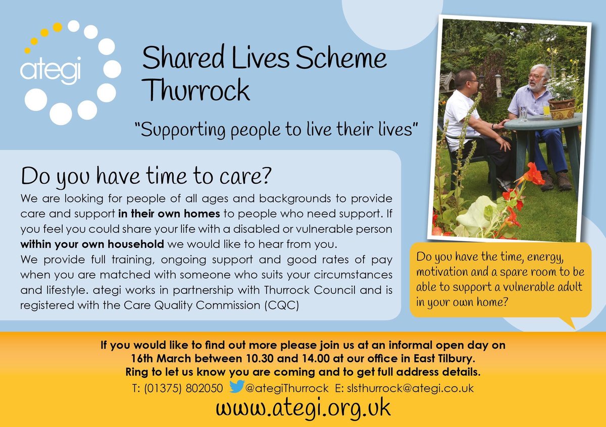Are you able to dedicate time to help support a disabled or vulnerable adult in your home? For more information contact 01375 802 050