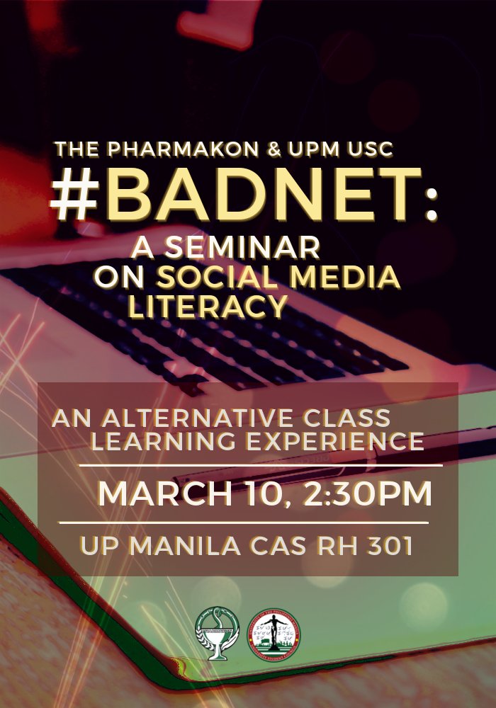 ThePharmakon's tweet photo. Time check! Three days until The Pharmakon serves you with #BadNet: A Seminar on Social Media Literacy! 😉 #ACLE2017 @UPMUSC https://t.co/swlPrKb4Di