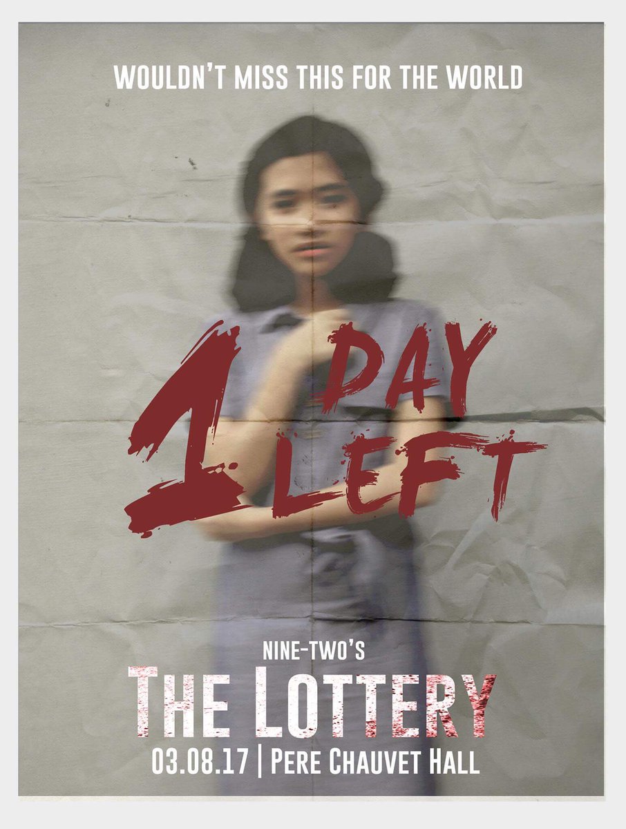 kayespiritu28's tweet photo. Wouldn’t miss this for the world.

Nine-Two’s adaptation of S. Jackson’s THE LOTTERY. Showing on March 8 from 8:25-9:20.

#TheSameChance https://t.co/NXvEESUQUx