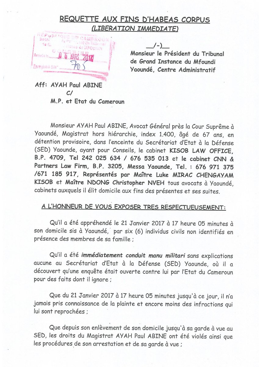 AlbertNchinda's tweet photo. Ayah's spokesman &amp; family's lawyers, filled a petition for HABEAS CORPUS at the High Court, Mfoundi, Yaounde.
#Bamenda #Buea #Cameroon https://t.co/phboWk8CN6