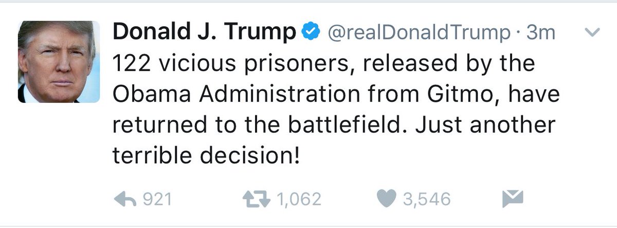 JordanUhl's tweet photo. Trump's Gitmo tweet is a boldfaced LIE. 

111 prisoners released under GEORGE BUSH returned to the battlefield https://t.co/rOpYog3177