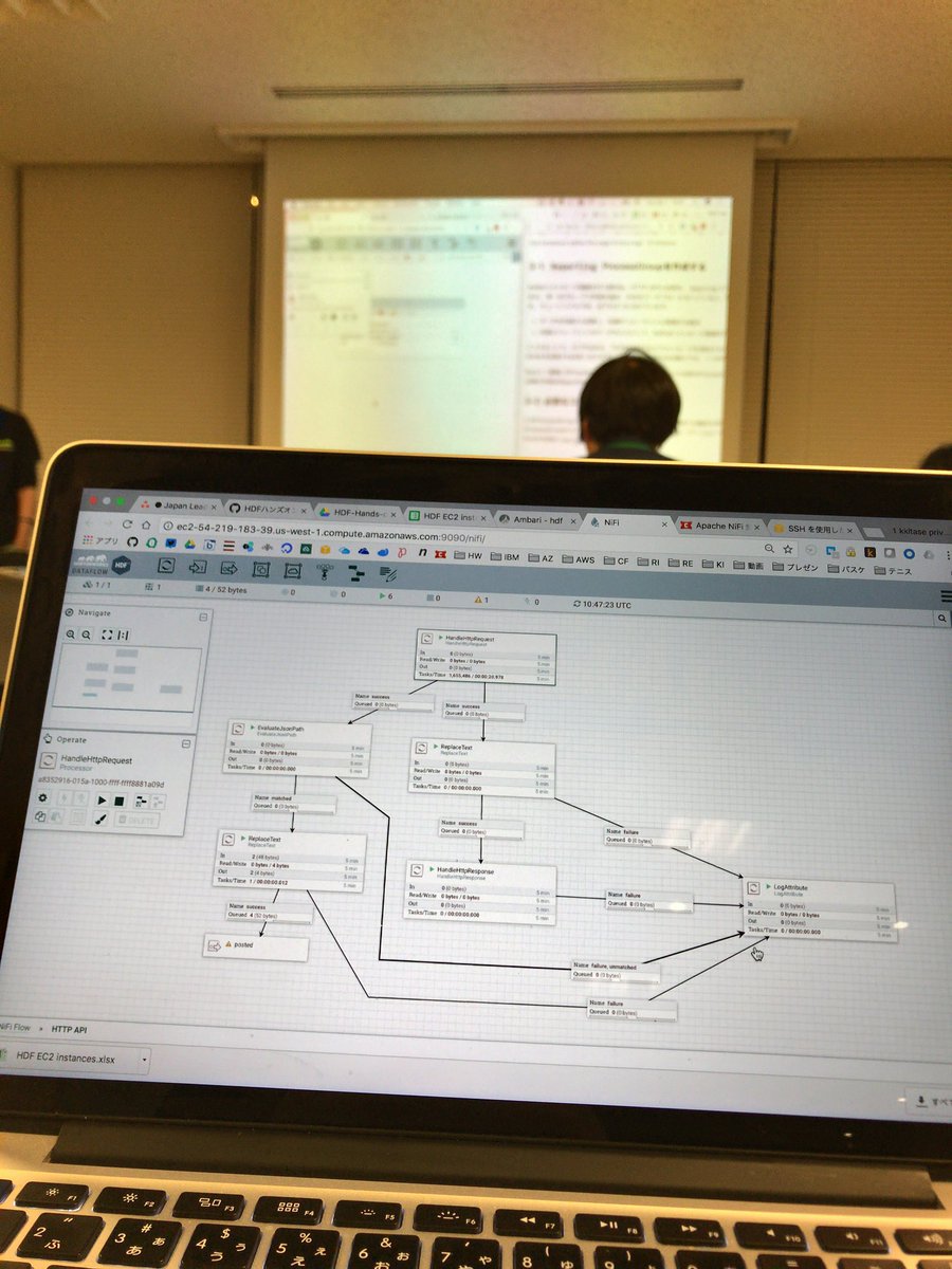 kkitase's tweet image. 本日は、.@Ijokarumawak による Hortonworks DataFlowのハンズオン。先週金曜日から準備してただけあって洗練されてきました！#apachenifi #apachestorm #apachekafka