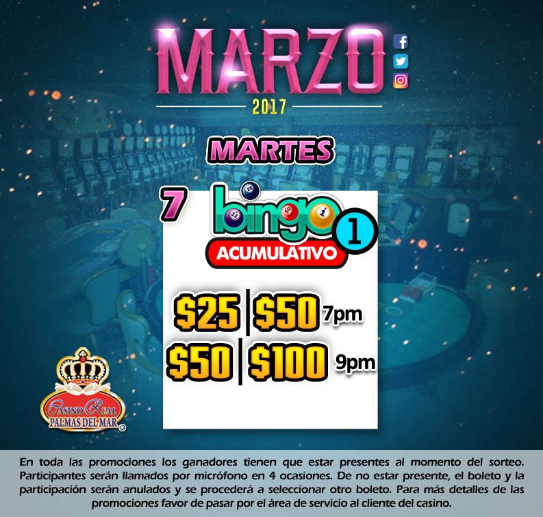 CasinoRealPR's tweet photo. Hoy es día de #bingo en @CasinoRealPR de #Caguas y #PalmasDelMar. Ven y prueba tu suerte en este emocionante juego.
#tucasinoideal #gookluck https://t.co/yyMNAkyXNF