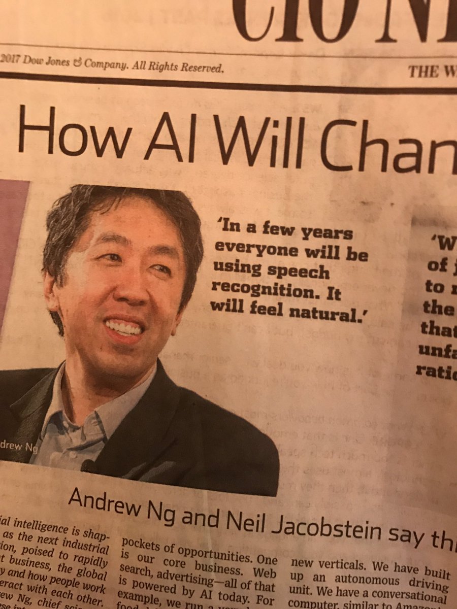 joshdotai's tweet image. Today's WSJ: "In a few years everyone will be using speech recognition. It will feel natural." - Andrew Ng #ai