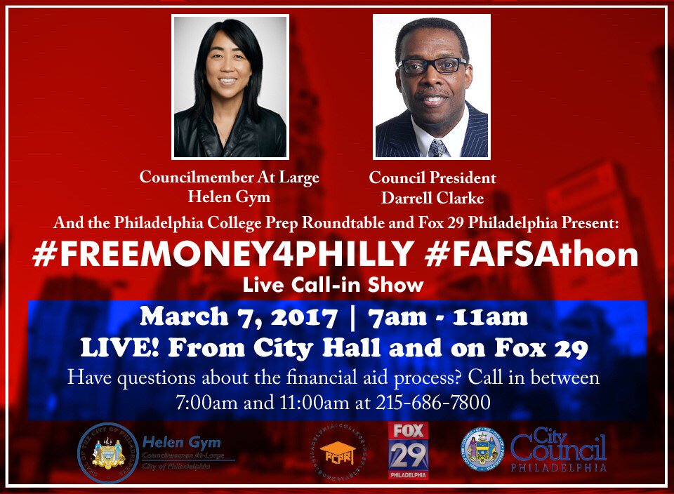 phenndGEARUP's tweet photo. Happening Now! @PCPRoundtable @HelenGymAtLarge @Darrell_Clarke @FOX29philly are hosting a #FAFSAthon -call w/ questions about financial aid https://t.co/WHx0hEIv3k
