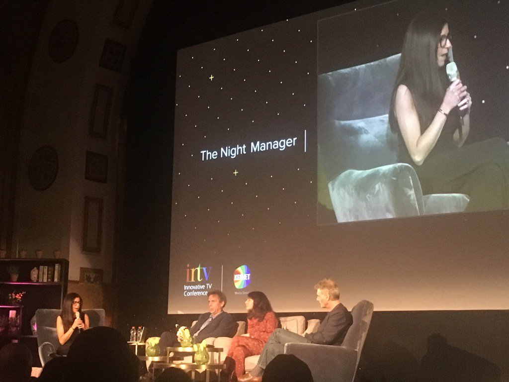 FRComms's tweet photo. Out with a bang. The fabulous Night Manager team #StephenGarrett #SusanneBier #HughLaurie on the final panel #intv https://t.co/ayYyyY0htv