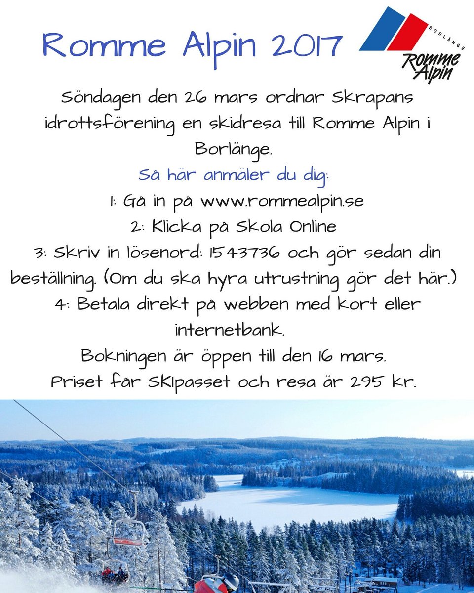 sifskrapan's tweet photo. Häng med oss till Romme Alpin den 26 mars! Anmäl dig på https://t.co/fN03N7loSa, anmälan stänger den 16 mars. Vi ses i backen! 🏂⛷💚 https://t.co/oE8vQh41JC