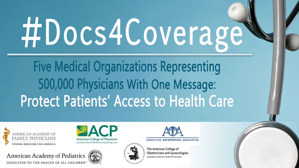 AmerAcadPeds's tweet image. 5 medical organization  leaders. 500,000 physicians represented. 1 message: protect patients’ access to health care. #Docs4Coverage
