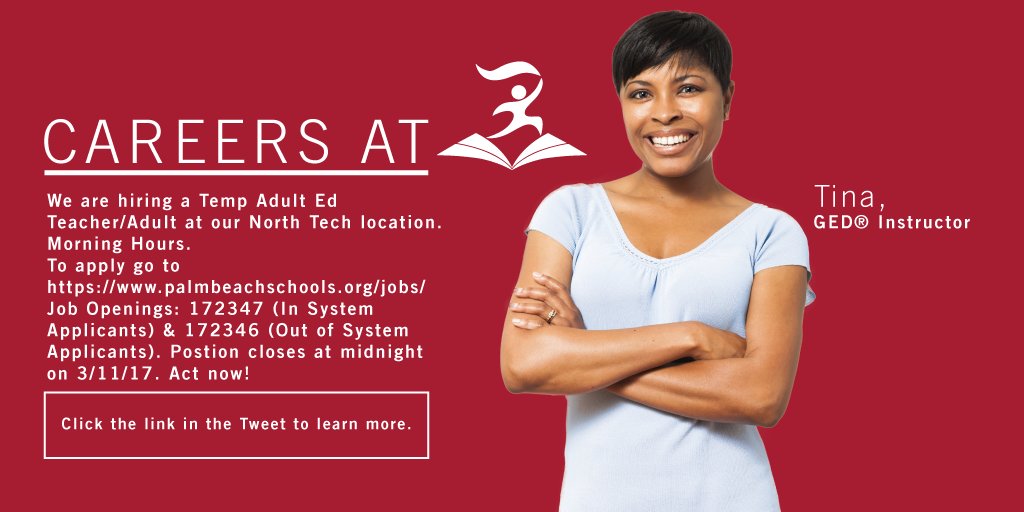 JoinACEPBC's tweet image. #NowHiring! Adult Ed Teacher/Adult Instructor, Morning Hours. To apply: palmbeachschools.org/jobs/ - Job Opening: 172346 &amp;amp; 172347