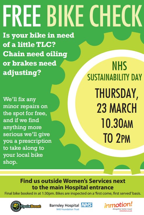 #FREE BIKE CHECKS for #nhssustainabilityday on 23 March at Barnsley Hospital 10:30am to 2pm <a href="/barnshospital/">Barnsley Hospital</a>