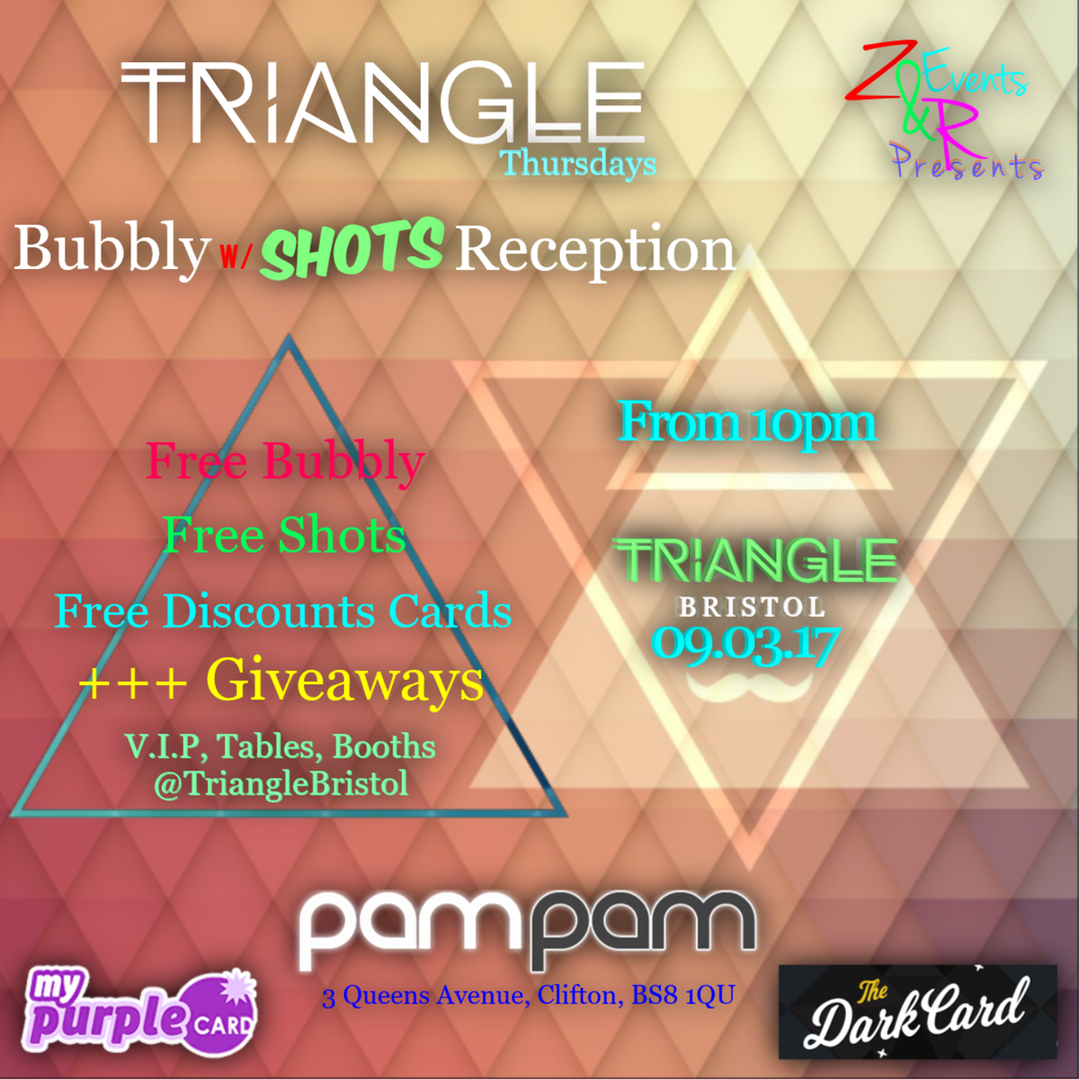 ZiggiWatkins11's tweet photo. @TriangleBristol #BubblyShotReception #WeDoItDifferently @PamPamBristol #From10pm 09.03.17 #Free #Bubbly #Shots #Cards #Giveaways #AllNight https://t.co/HQnRhg46Oe