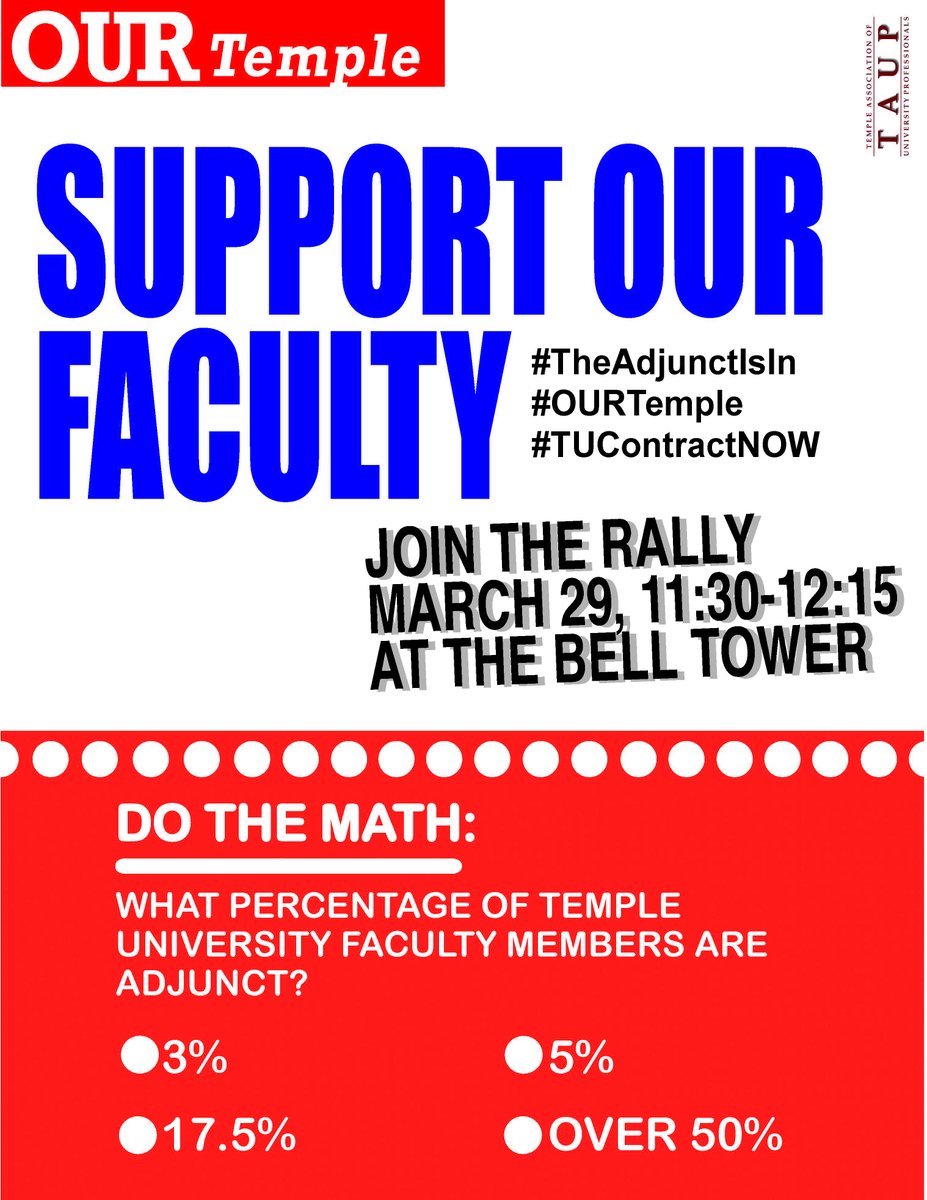 TAUP's tweet photo. @AFTHigherEd Come help Temple adjuncts fight for a fair contract--3/29, Bell Tower, 11:30-12:15!  #OurTemple #adjunctlife https://t.co/XmdxK5v58X