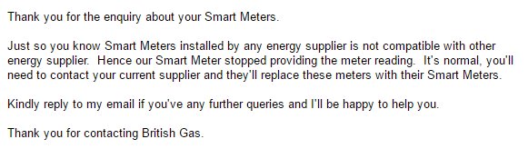 Richard Beatson (@richard_beatson) on Twitter photo Seems weird that they're called 'smart meters' when they can't speak to other energy suppliers. What a waste of money <a href="/BritishGas/">British Gas</a> Seems weird that they're called 'smart meters' when they can't speak to other energy suppliers. What a waste of money <a href="/BritishGas/">British Gas</a>