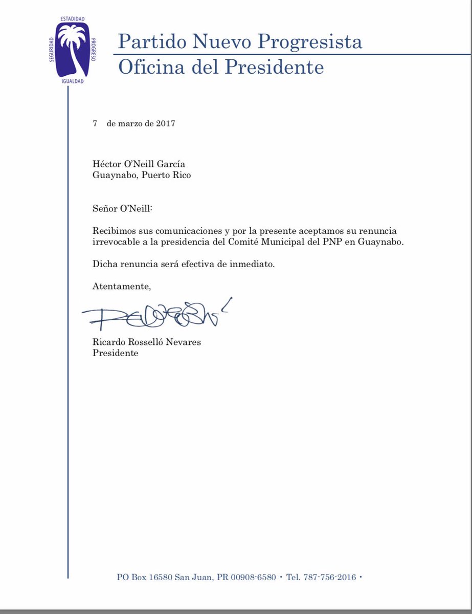 Ricardo Rossello on Twitter: "Comparto carta aceptando la 