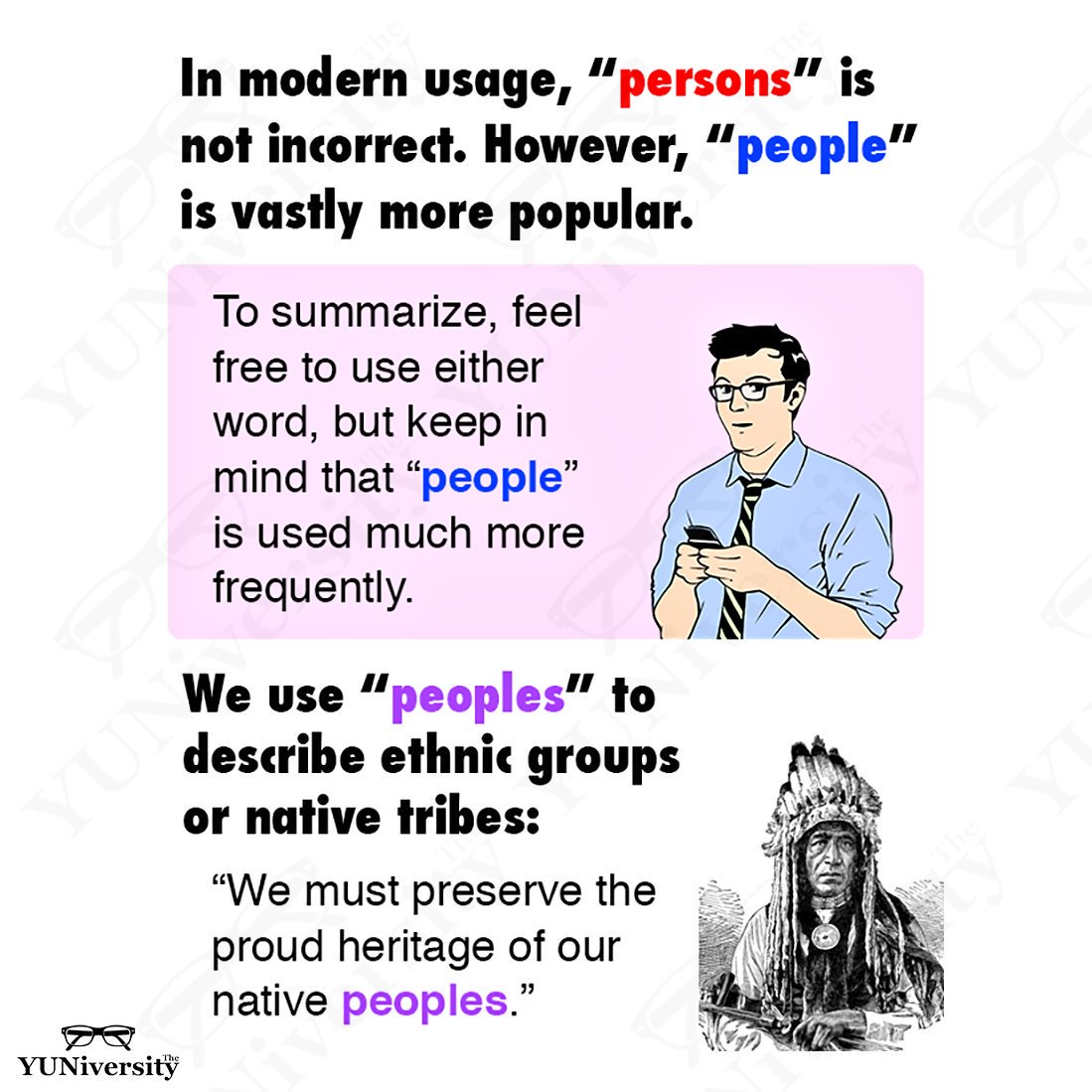 The_YUNiversity's tweet image. The plural of “person” → “people” or “persons.”

“Peoples” = people who share a common culture, history, etc.

tmblr.co/Z90tLy2BgTJOG 👈👩🏻‍💻