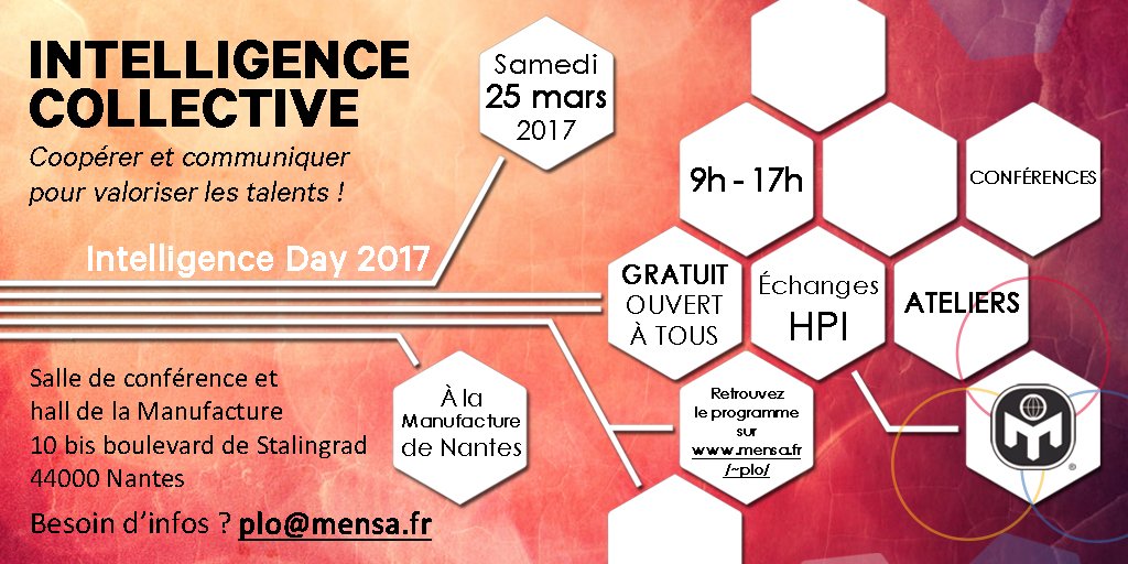 Designs_ED's tweet image. RDV le 25 mars à #Nantes pour les #IntelligenceDay2017, #conférences #ateliers et rencontres autour du #HPI avec #mensa