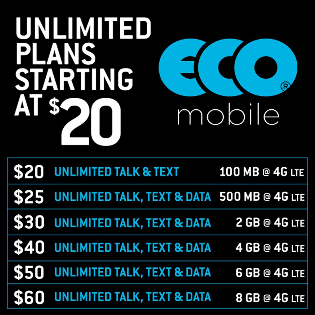 UNLIMITED Talk &amp; Text for $20+100MB of 4G LTE data! Perfect for those who have regular access to WiFi.

Shop now on ECOMobile.com