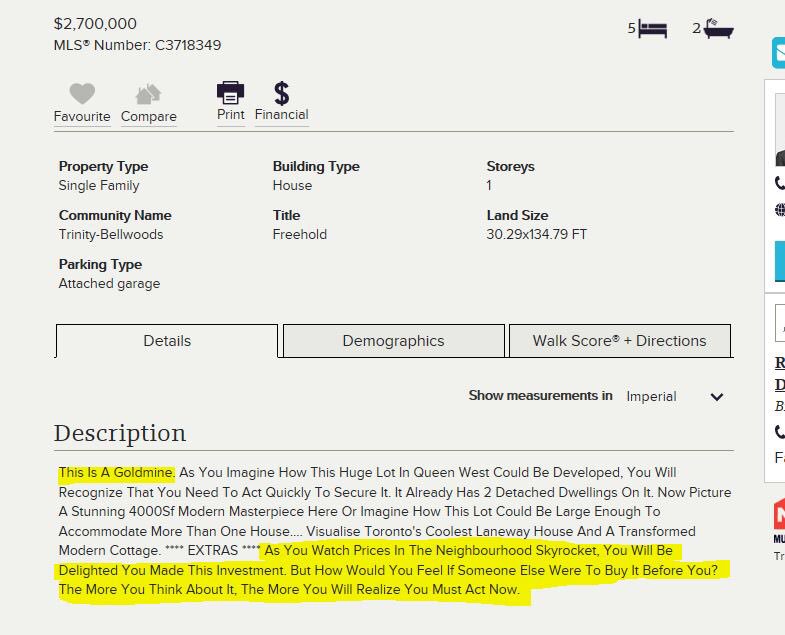 jvrCTV's tweet photo. Still doubt there's a housing bubble in #Toronto? Check out the wording in this listing for a $2.7 million property. https://t.co/3HsX2e3c2l