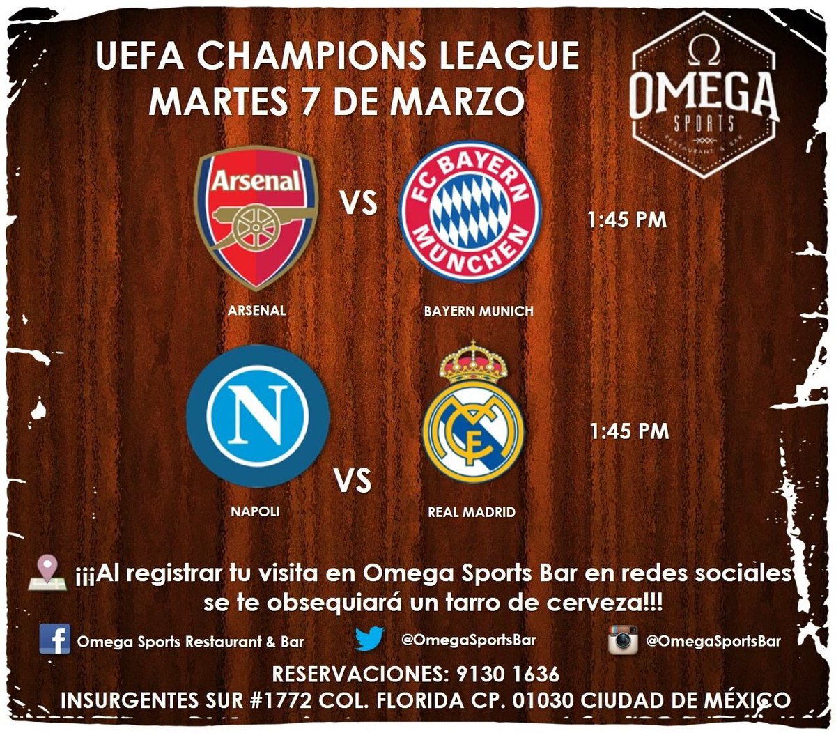 OmegaSportsBar's tweet photo. #FelizMartes hoy tenemos grandes partidos de la UEFA Champions League
No te los pierdas aquí en #OmegaSportsBar ⚽️⚽️🍻🍺 https://t.co/PGORNHCc3X
