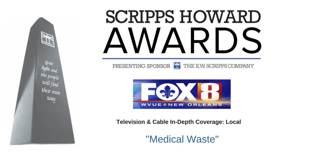 SH_Awards's tweet image. TV Cable Local - $10K @FOX8NOLA “Medical Waste” revealed secretive practices by insurance cos to charge patients more for prescriptions.