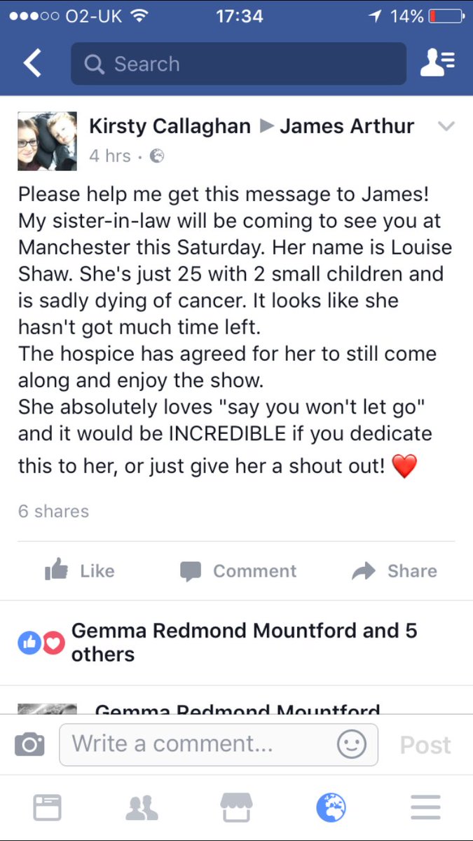 Dannxboy1's tweet photo. @JamesArthur23 My sis &amp; I r c-ing u Sat my sis has terminal cancer &amp; has chosen ''say you wont let go'' at her funeral. Her name is Louise https://t.co/WijHdLSXOA