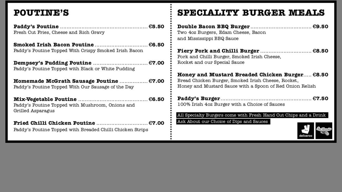 Our new menu at Paddy's Poutine, all our specialty burgers are now available every day of the week #poutine #galway