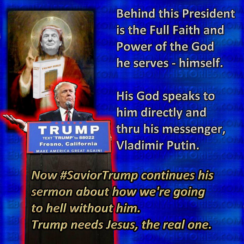 smaddoxsr's tweet photo. #SaviorTrump says we are going to hell without him. Only HE can save us. Where are the Christians on this heresy? https://t.co/rR0EhjhGia