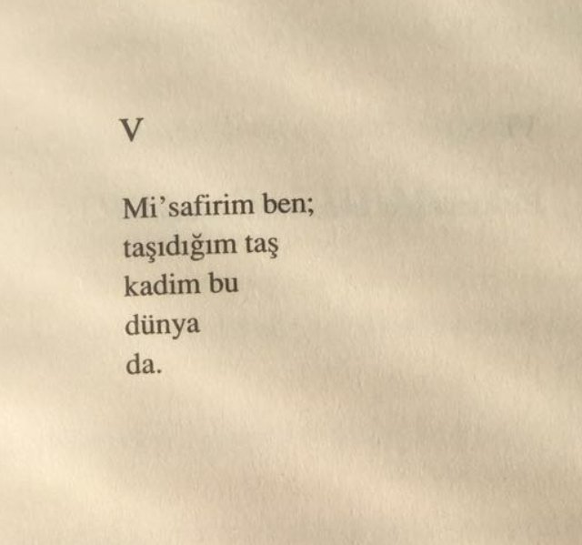 Mi'safirim ben;                                Taşıdığım taş                                  Kadim bu dünya da..
