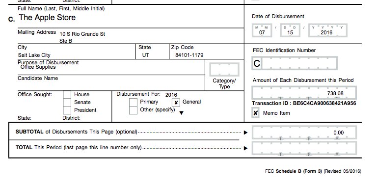 lhfang's tweet image. Lol are you kidding me? Chaffetz also spent $738 of his campaign donor's money at the Apple Store. Hmm docquery.fec.gov/pdf/359/201610…