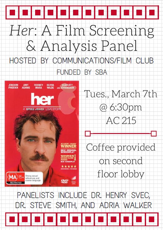 MajorActivities's tweet photo. Join Communications/Film Club for a screening of "Her" tonight at 6:30pm! https://t.co/Yv2jbiHqEW