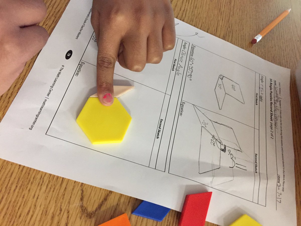 GustafsonBrad's tweet photo. Further proof that math is fun: Students collaborate and create different angles using pattern blocks (and other tools). #GWgreats https://t.co/nKJlHq4oGM