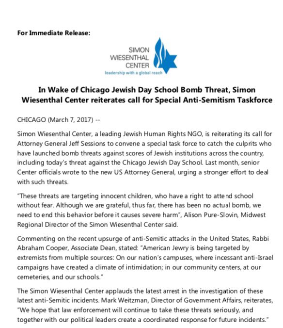 LauraPodestaTV's tweet photo. After bomb threat, Simon Wiesenthal Center calls for Special Anti-Semitism task force @ABC7Chicago https://t.co/uE8AhCXyDZ